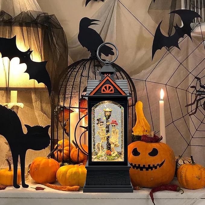 Halloween Snow Globe Lantern with 6 Hour Timer,Halloween Decorations Indoor for Home,Halloween Decor,USB or Battery Powered for Halloween Lanterns,Halloween Skeleton-A