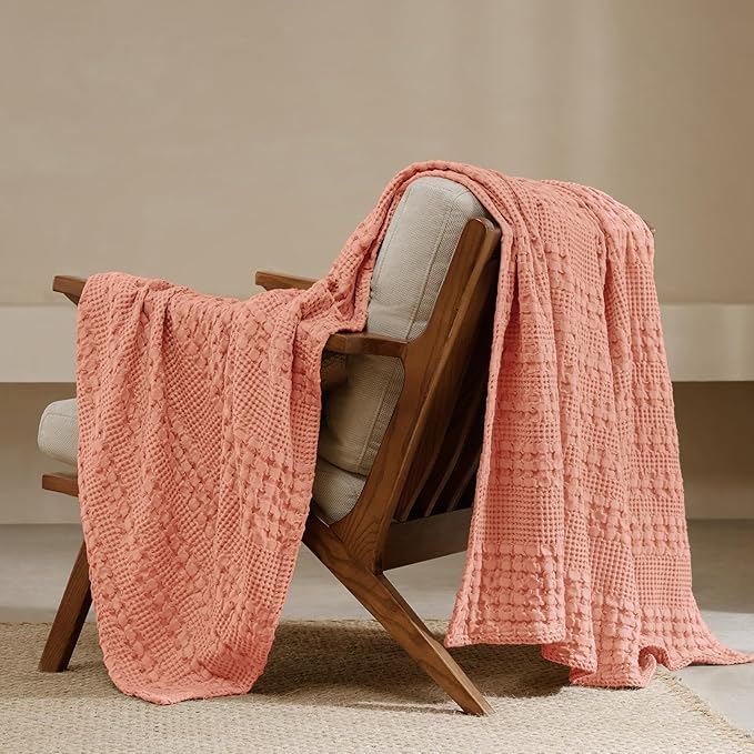 PHF 100% Cotton Waffle Weave Throw Blanket, Soft Lightweight Breathable Cozy Summer Throws for Couch Bed Sofa, Luxury Aesthetic Woven Blanket for Home Decor & Office, 50"x60", Canyon Clay