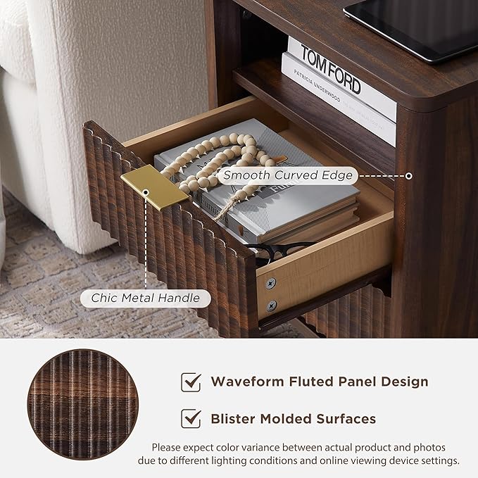 T4TREAM Fluted Nightstand with Charging Station, 18" Modern Side Table, 2 Drawers End Table with Storage, Bedside Table for Bedroom, Living Room, Curved Profile Design, Dark Walnut