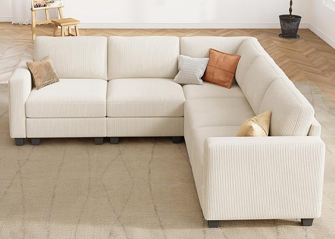 HONBAY Corduroy Modular Sectional Sofa with 5 Seaters, Sectional Corner Sofa with Chaise, L Shape Couches for Living Room, Beige