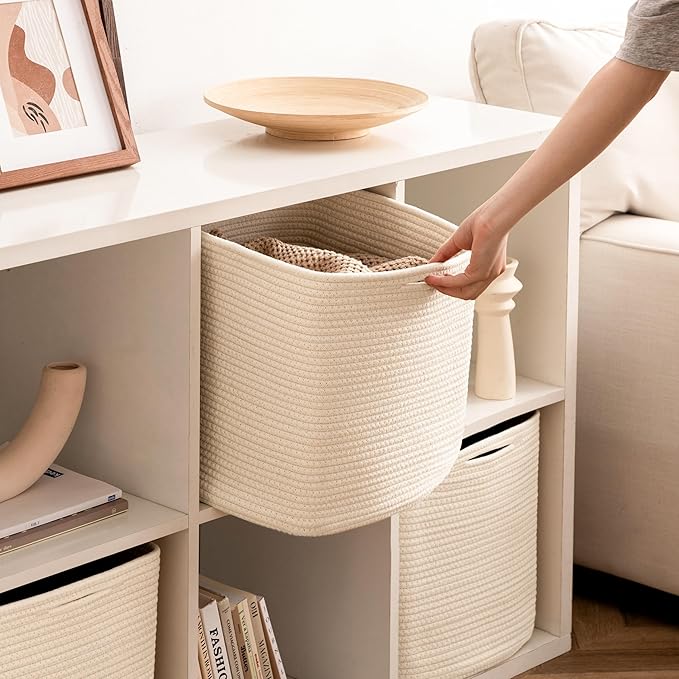 joybest Cube Storage Bins Set of 4, 11inch Cube Baskets Organizer for Nursery, Square Cotton Rope Baskets for Shelves Organizing, Kids Toy, Closet Storage, Beige