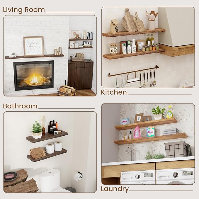 Floating Shelves for Wall Decor, Rustic Solid Elm Wood Live Edge Floating Shelves Wall Mounted, Wall Shelves with Invisible Bracket for Living Room Bathroom Bedroom Kitchen, 55 Inch, Walnut