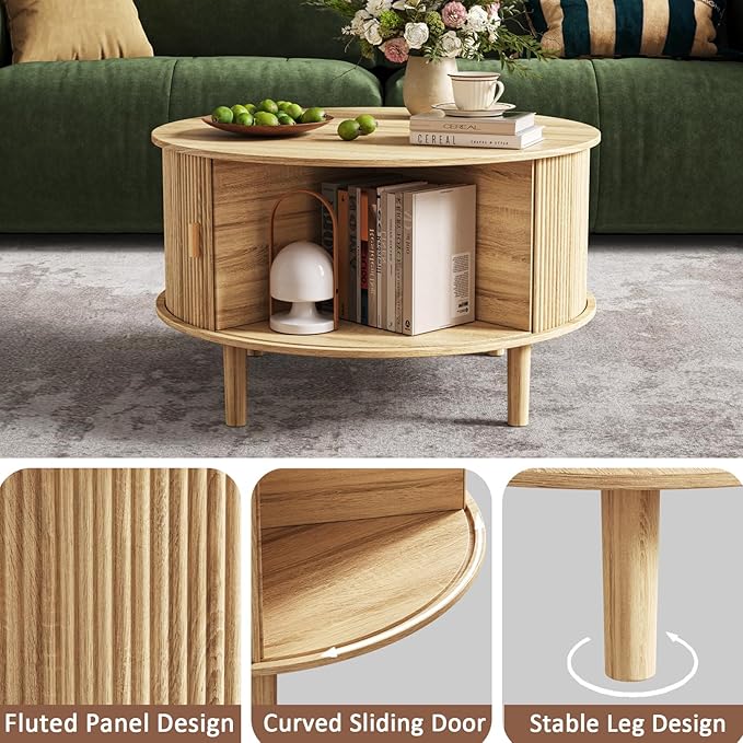 Coffee Table and TV Stand Set of 2, Round Center Table with Storage,Fluted Coffee Table with 360° Sliding Doors, 86.6" Entertainment Center for Bedroom, Living Room,Natural