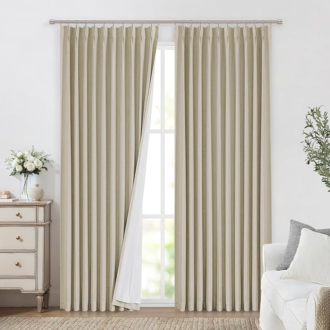 Vision Home Sand Pinch Pleated Full Blackout Curtains Linen Blended Room Darkening Window Curtains 102 inch for Living Room Bedroom Thermal Insulated Pinch Pleat Drapes with Hooks 60" Wx102 Lx1