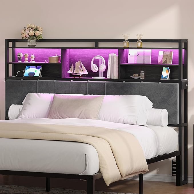 Headboard with 3-Tier Storage Shelves, Velvet Upholstered Head Board with 2 Outlets, USB Ports & LED Light, Soft Backrest for King Size Bed, Black BH19404B
