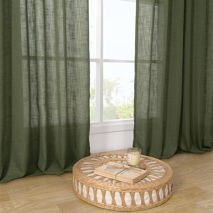 LAMIT Olive Green Sheer Linen Curtains 84 Inches Long for Living Room, Light Filtering Christmas Window Treatments Semi Sheer Neutral Drapes with Bronze Grommet for Bedroom, 52 x 84 Inch, 2 Panels Set
