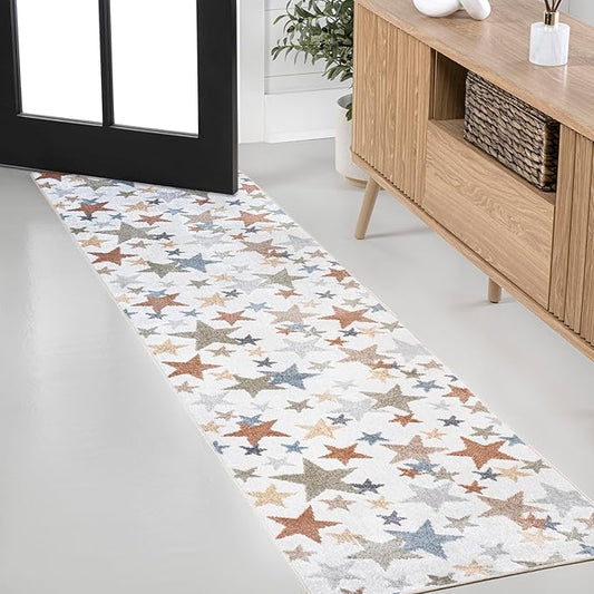 JONATHAN Y Machine-Washable Ivory/Blue/Orange Runner Rug, 2x8, Star Gazer Geometric, Border, Kids & Novelty, Classic, Bedroom, Kitchen, Living Room, Easy-Cleaning, Non-Shedding (KDW100A-28)