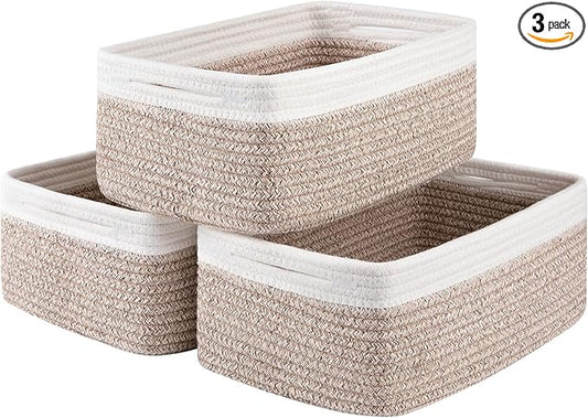 3 Pack Small Storage Baskets for Organizing, Cute Woven Decorative Gift Baskets for Shelves, Mini Closet Organizer Bins with Handles-13''Lx8.66''Wx5.11''H-Brown and White