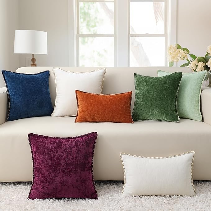 decorUhome Chenille Soft Throw Pillow Covers 24x24 Set of 2, Farmhouse Velvet Neutral Decorative Euro Pillow Covers with Stitched Edge for Couch Sofa Bed Home Decor, Beige