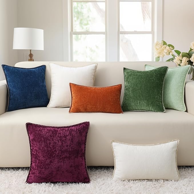 decorUhome Chenille Soft Throw Pillow Covers 24x24 Set of 2, Farmhouse Velvet Neutral Decorative Euro Pillow Covers with Stitched Edge for Couch Sofa Bed Home Decor, Neutral Gray