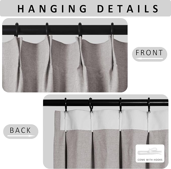 Macochico Pinch Pleated Full Blackout Curtains for Bedroom Living Room Browish Grey Linen Curtains Thermal Insulated and Noise Reducing Window Panels with Tieback Shabby Chic Decor 84”Wx84”L 1 Panel