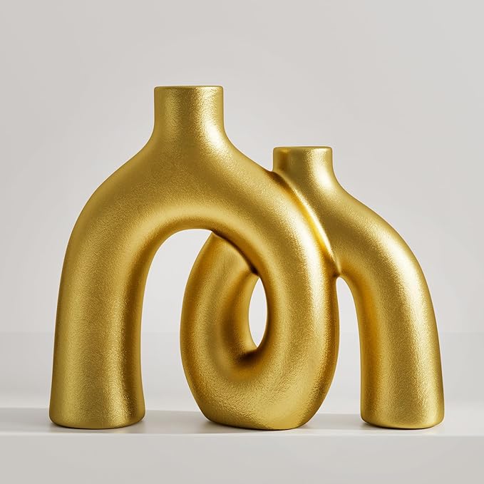 Hug Donut Decorative Vase Set - Golden Modern Classic Transitional Style Vases Home Decor, Matte Ceramic Decorations for Living Room Shelf, Bookshelf Mantle Entryway Table or Console Décor (Gold)