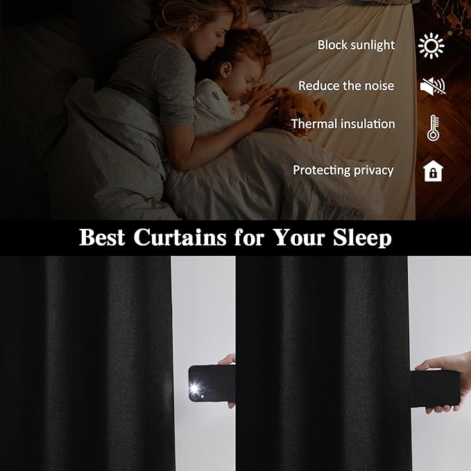 RAIN CITY Black Blackout Curtains 92 Inches Long, Textured Linen Blend Black Out Custom Made Pleated Look Curtains with Hooks Window Drapes for Bedroom Living Room-50x92-inch 2 Panels Set