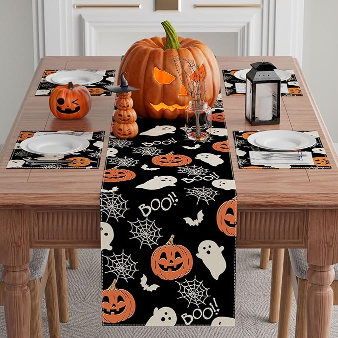 XCHI Boo Spooky Ghost Pumpkin Halloween Table Runner Burlap Table Decoration for Home Kitchen Dining Dinner Indoor Holiday Farmhouse Decor 13x120 Inch
