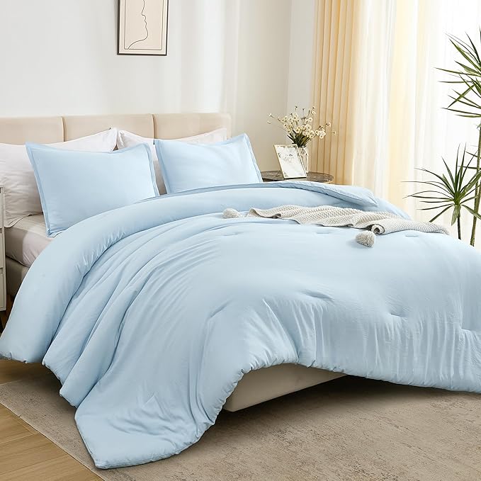 Litanika Comforters Light Blue California King Size, 3 Pieces Cal King Lightweight Solid Bedding Comforter Set, All Season Fluffy Bed Set (104x96In Comforter & 2 Pillowcases)