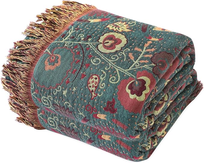 MSGKV Boho Throw Blanket for Couch and Sofa Cotton Blankets for Living Room Bedroom Reversable Florals Throw 60"x80" Breathable Cozy Blankets