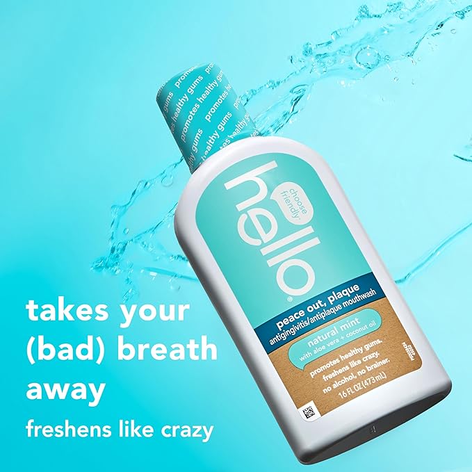 Hello Peace Out Plaque, Antigingivitis Alcohol Free Mouthwash, Natural Mint with Aloe Vera and Coconut Oil, Fluoride Free, Vegan, SLS Free and Gluten Free, 16 Ounce (Pack of 3)
