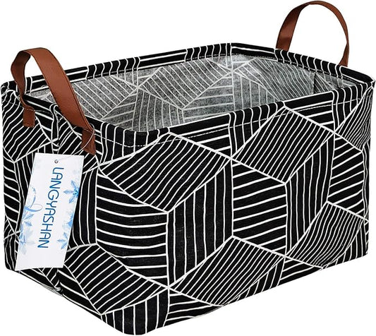 LANGYASHAN Rectangular Storage Bin Collapse Canvas Fabric Cartoon Storage Basket with Handles for Organizing Home Kitchen Boys and Girls Toys Office Closet Shelf Baskets (Black Diamond)
