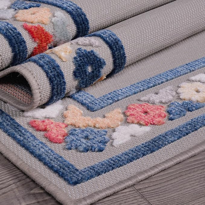 Beverly Rug Outdoor Runner Rug 2x7 Modern Floral Bordered Area Rugs for Indoor and Outdoor Patio Easy to Clean Non Shedding Living Room Porch Garden Washable Outside Carpet (2 x 7 Gray)