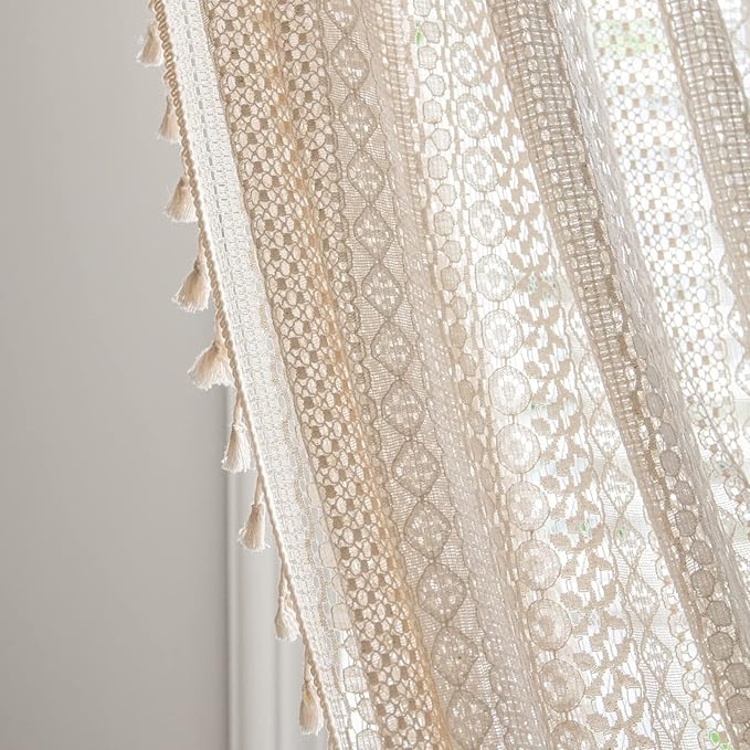 Sutuo Home Boho Curtains Crochet Lace Semi-Sheer Bohemian Hollow Knitted Handmade Tassels, Rod Pocket Window Treatment Vintage Rustic Farmhouse Drapes for Living Bedroom, 1 Panel 59" W x 84" L, Beige