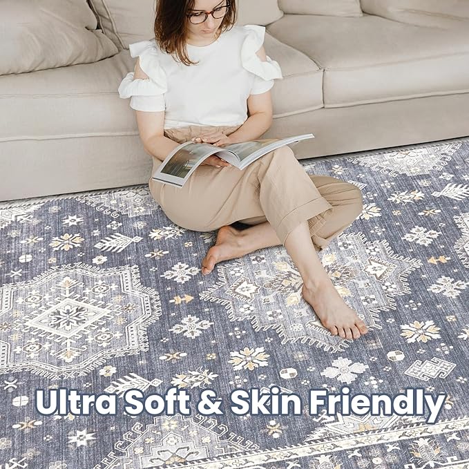 Washable Area Rugs for Living Room -9x12 Neutral Vintage Distressed Floral Farmhouse Boho Large Soft Floor Rug Indoor Non Slip Carpet for Living Room Bedroom Dining Room Office - Denim Blue/Grey