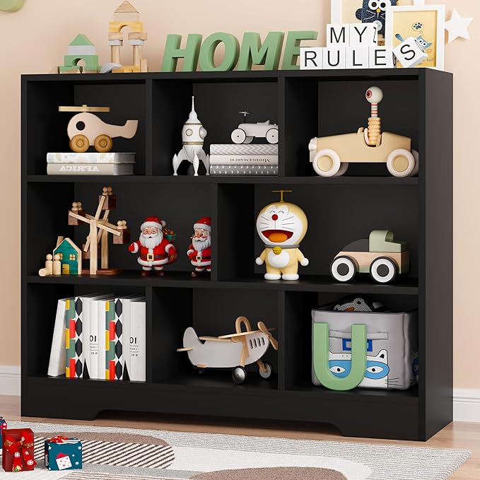 Book Shelf, 8 Cubes Storage Organizer, Freestanding Black Bookshelf Cube Shelf for Bedroom, Living Room, Home Office, 3-Tier Open Shelf Wooden Bookcase