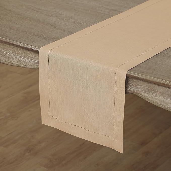 Solino Home Linen Beige Table Runner 72 Inches Long - 100% Pure Linen Hemstitch Table Runner 14 x 72 Inch for Dresser, Dining, Fall, Autumn, Halloween, Thanksgiving - Classic Hemstitch