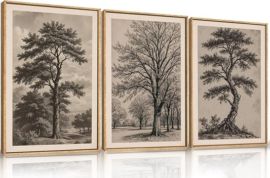 HPINUB Vintage Sketch Tree Framed Canvas Wall Art Set,Modern Nature Botanical Wall Decor, Antique Wilderness Tree Artwork,Minimalist Neutral Art Prints for Living Room,Bedroom,Farmhouse-24 x36 x3