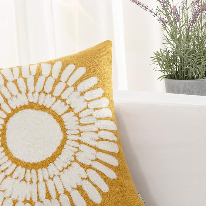 HWY 50 Mustard Yellow Decorative Throw Pillow Covers 18x18 Inch (1 Piece), Embroidered Cotton Modern Farmhouse Cushion Cover Pillow Case for Sofa Couch Living Room Bed, Sunflower