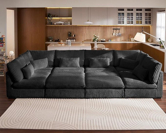 Oversized Modular Sofa, Extra Deep Cloud Corduroy Sectional Couch with Ottoman Chaise, Fluffy Chenille 8 Seater Couch Bed for Living Room, Villa (Sofa Bed 8 Seater, Corduroy Black)