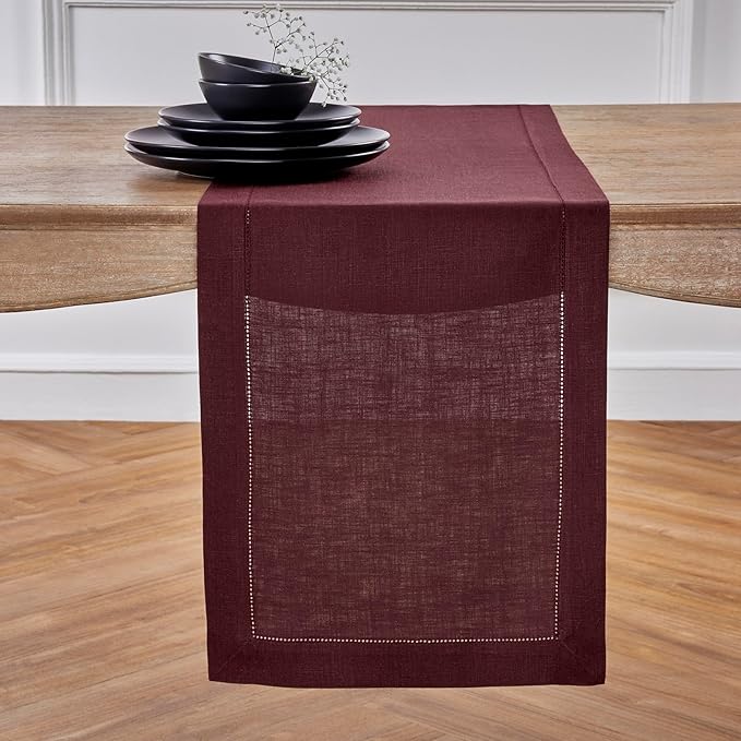Solino Home Linen Burgundy Table Runner 90 Inches Long - 100% Pure Linen 14 x 90 Inch Table Runner for Fall, Autumn, Thanksgiving - Classic Hemstitch