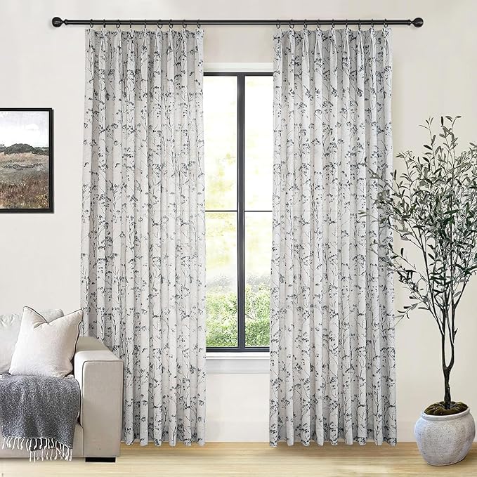 Pinch Pleated Floral Linen Curtains 2 Panels Elegant Light Filtering Privacy Drape,52 Inch Wide by 90 Inch Long Curtains Suitable for Living Rooms and Bedrooms