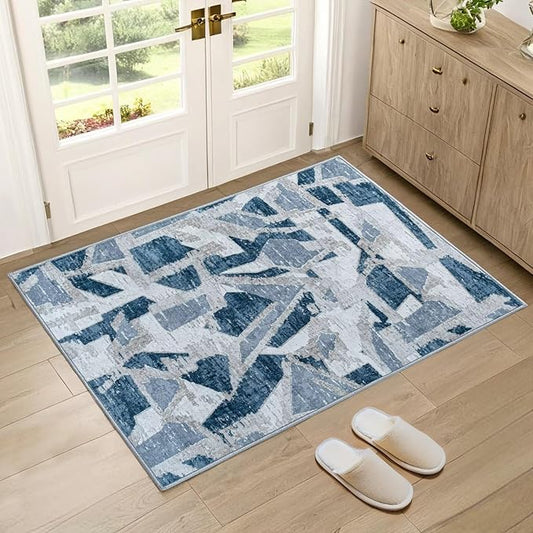 Modern Abstract Door Mat Indoor Entrance 2X3 Blue Rug Washable, Non-Slip Small Rugs for Entryway Bathroom Ultra-Thin, Throw Carpet for Kitchen Bedroom Nursery Kids Print Faux Wool
