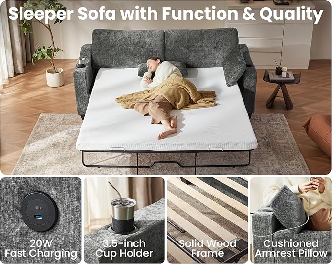 Pull Out Sofa Bed, Full Size Sleeper Sofa, 2-in-1 Convertible Corduroy Couch with USB Charging, Memory Form Couch for Living Room, Apartment and Small Space (Dark Grey, Chenille - Queen Size)