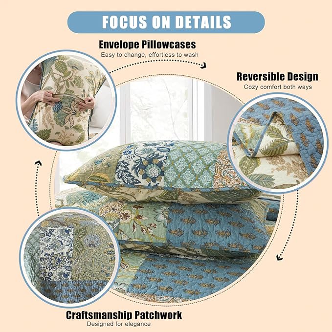 NEWLAKE Quilt Set California King Size, 100% Cotton Patchwork Green Bohemian Quilt Sets, Reversible Bedspread Lightweight and Breathable for All Seasons, Soft Quilted Bedspread with 2 Pillow Shams