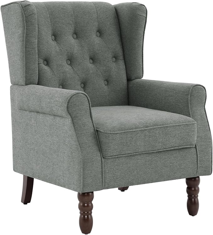 UIXE High Back Accent Chairs Set of 2, Upholstered Armchair in Fabric, Retro Wingback Arm Chair for Living Room, Comfy Single Sofa Bedroom Reading Seat with Solid Wood Legs - Dark Gray