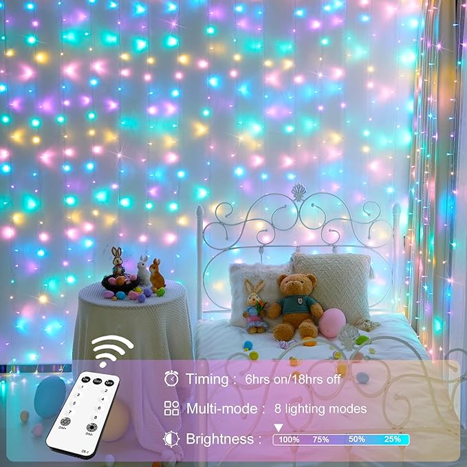 JMEXSUSS 300LED Easter Decorations Curtain Lights with Remote, 9.8x9.8ft Easter Sting Lights Plug in for Bedroom Wall Window Party Backdrop Porch Patio Garden Yard Indoor Outdoor Decor