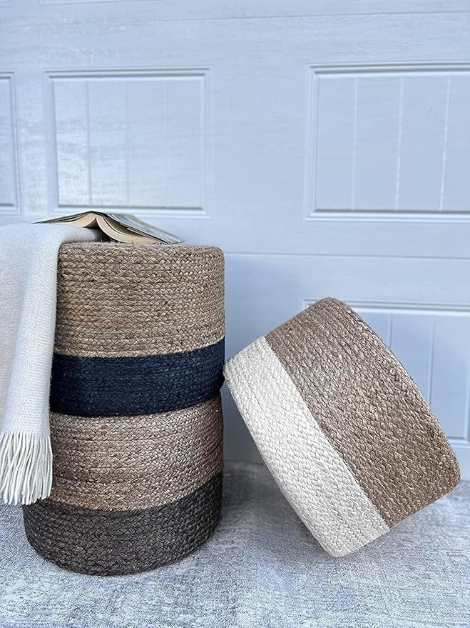 Jute Pouf Ottoman | Footrest Pouf | Hand Braided - Round Boho Pouffe - for Living Room, Bedroom, Nursery (20"x20"x10") Ivory