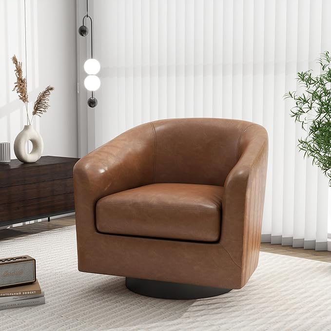 Swivel Barrel Accent Chair, Modern Round Faux Leather Arm Chair for Living Room, Bedroom, Comfy Club Reading Chairs for Adults(Faux Leather, Brown, Set of 4)