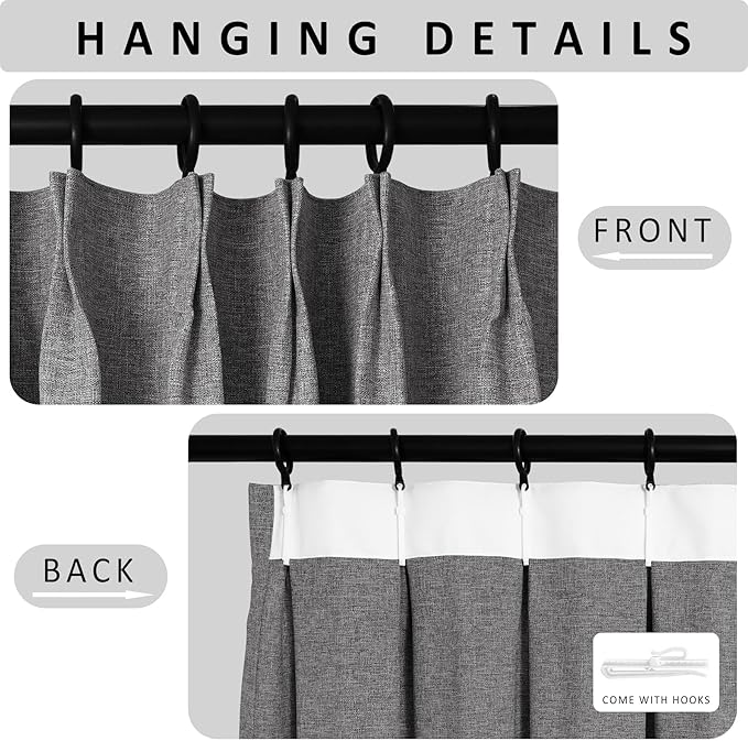 Macochico 100% Blackout Pinch Pleated Linen Curtains Thermal Window Treatments Sound Reducing Curtains for Bedroom Living Room Gray Farmhouse Burlap Drapes with Tieback 52”Wx63”L 1 Panel