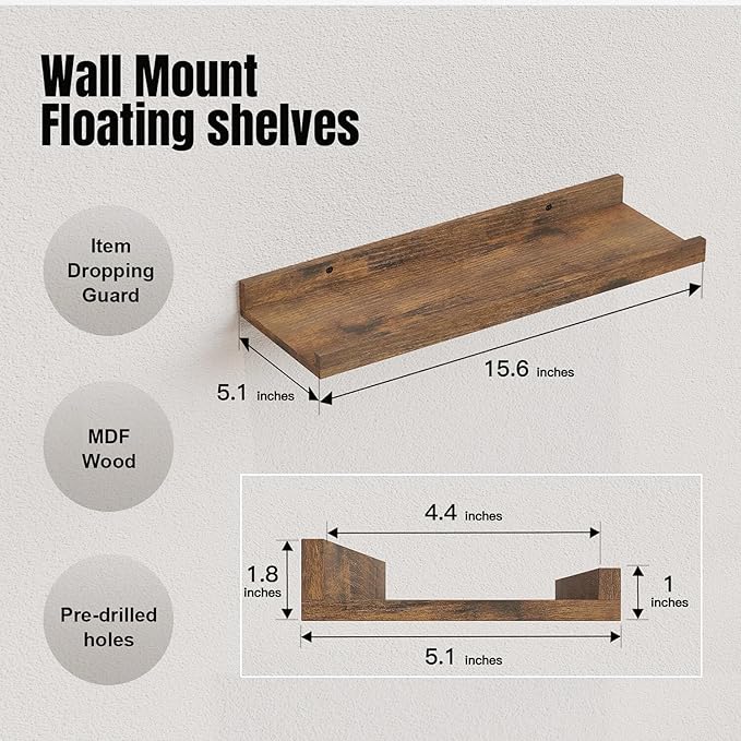RICHER HOUSE 3 Set Floating Shelves for Wall Decor, Mounted Book Shelf, Nursery Picture Ledge With Lip for Storage, Bedroom, Living Room, Bathroom - Brown