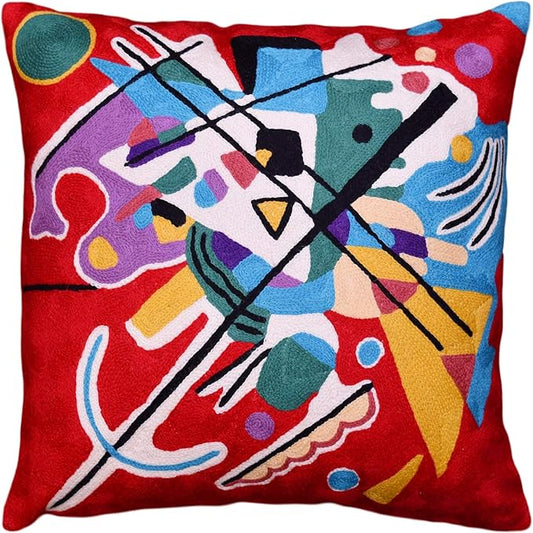 Kandinsky Modern Couch Pillow Cover - Red Painting | Abstract Toss Pillow | Modern Chair Cushion| Contemporary Pillow | Mid Century Chair Cushion | Hand Embroidered Pillow | Wool Size 18x18