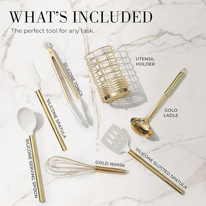 White Silicone and Gold Cooking Utensils Set with Gold Utensil Holder - 7-Piece Silicone Cooking Tools - Ideal for Nonstick Cookware and Stylish Modern Kitchens - Luxury Kitchen Accessories