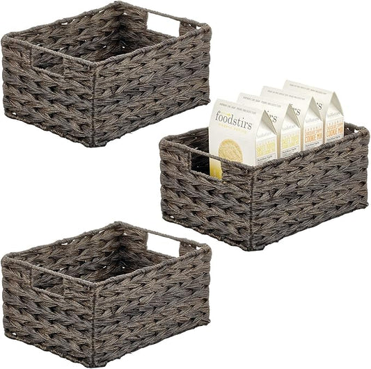 mDesign Woven Farmhouse Kitchen Pantry Food Storage Organizer Basket Bin Box, Container Organization for Cabinets, Cupboards, Shelves, Counter - Store Potatoes, Onions, Fruit, 3 Pack, Espresso Brown