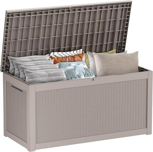 267 Gallon Deck Box Large Outdoor Storage for Patio Furniture,Outdoor Cushions,Garden Tools and Pool Supplies,Waterproof,Resin,Lockable(Grey Rattan)