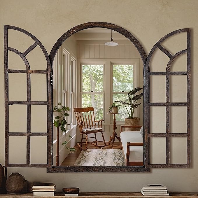 Arched Wall Mirror with Window Design, 36"x24" Rustic Farmhouse Wood Mirror for Wall Decor, Decorative Vintage Arch Mirror for Living Room, Bedroom, Entryway