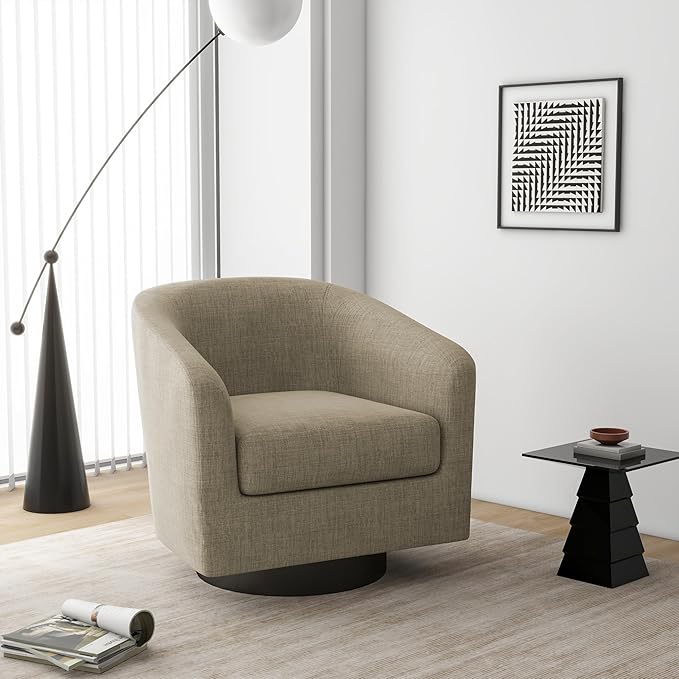 Swivel Barrel Accent Chair, Modern Round Linen Arm Chair for Living Room, Bedroom, Comfy Club Reading Chairs for Adults（Linen Fabric, Light Brown, Set of 4