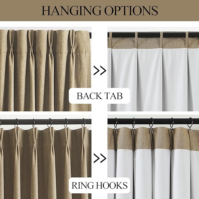 Vision Home Brown Pinch Pleated Full Blackout Curtains Linen Blended Room Darkening Window Curtains 108 inch for Living Room Bedroom Thermal Insulated Pinch Pleat Drapes with Hooks 40" Wx108 Lx2