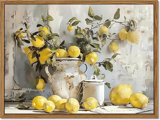 Framed Lemon Kitchen Wall Decor for Dining Room - Vintage Mustard French's Yellow Lemon Kitchen Wall Art, Rustic Oil Paintings Posters Prints for Bathroom Living Room Bedroom 8x10 inch