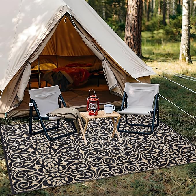OLANLY Outdoor Rug Waterproof 6x9 ft Clearance, Reversible Outdoor Plastic Straw Rug with Floral Pattern, RV Mat for Patio, Camping, Balcony, Deck, Backyard, Black & Beige